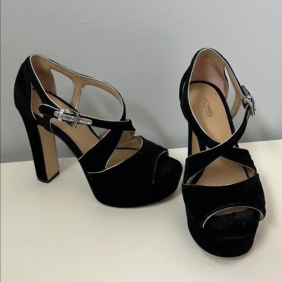Michael Kors black velvet open toe platform high Heels 7M silver buckle accent - Picture 1 of 13